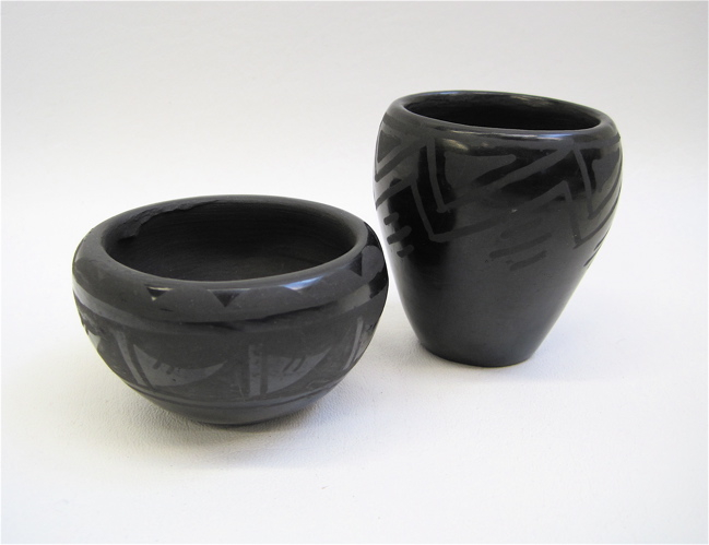 Appraisal: TWO SAN ILDEFONSO BLACK-ON-BLACK POTTERY JAR AND BOWL Each with