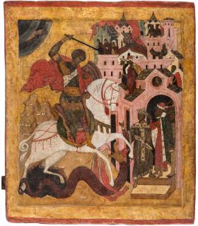 Appraisal: A MONUMENTAL RUSSIAN ICON OF SAINT GEORGE BATTLING THE DRAGON