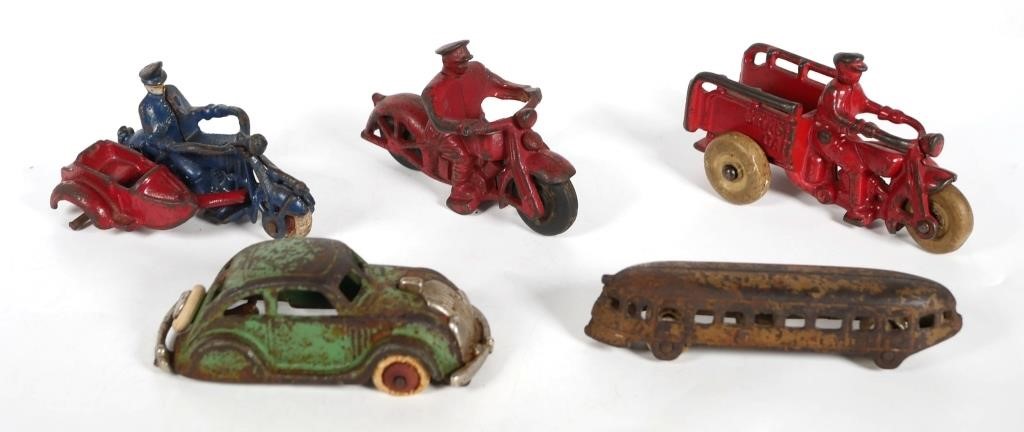 Appraisal: ANTIQUE CAST IRON TOYSLot of five pieces including crash car