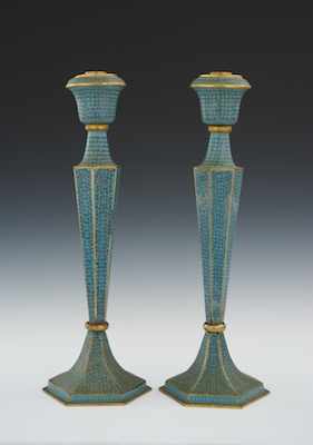 Appraisal: A Pair of Blue Cloisonne Candlesticks Republic Period Tall candlesticks