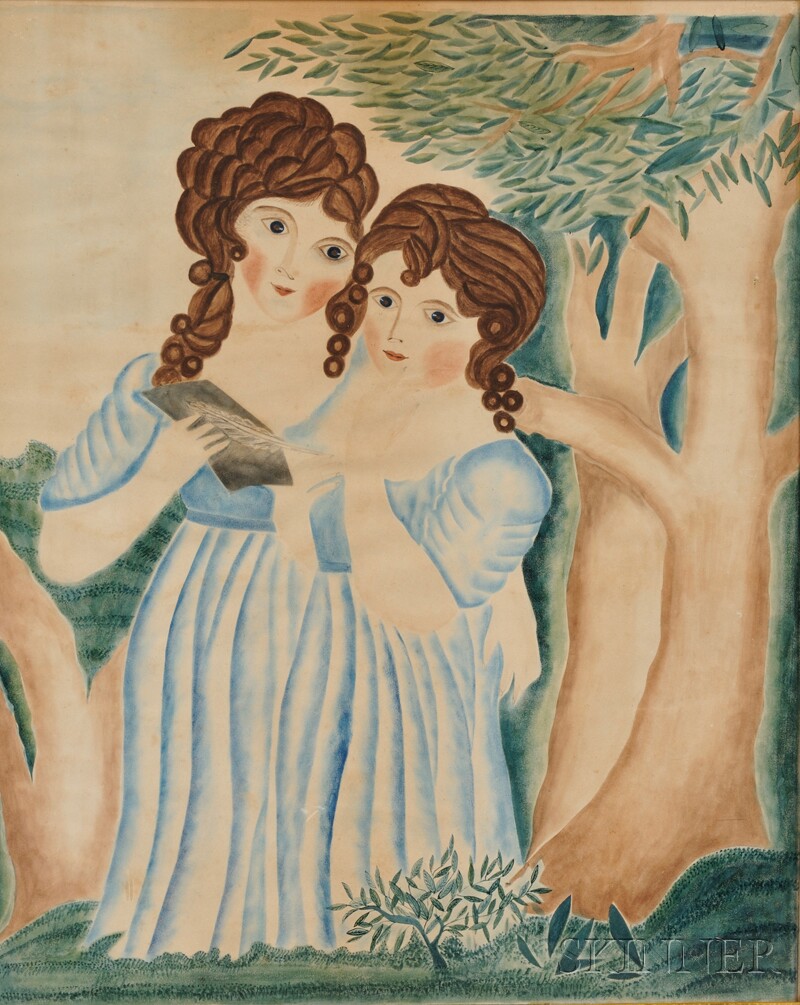 Appraisal: American School Early th Century Landscape with Two Girls in