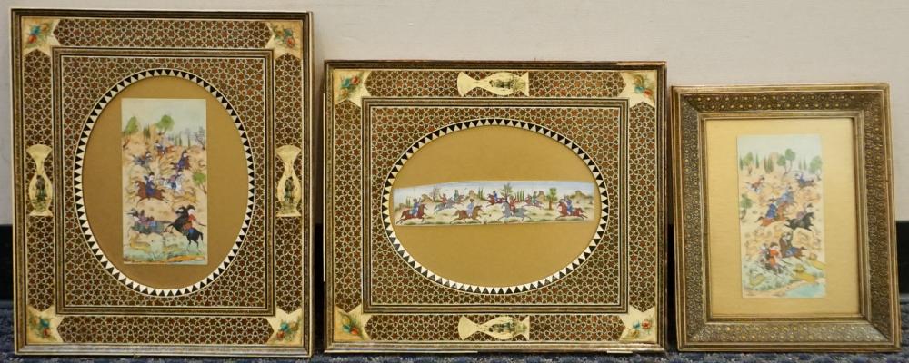 Appraisal: PERSIAN HUNTING SCENES THREE WATERCOLORS LARGEST FRAME X IN X