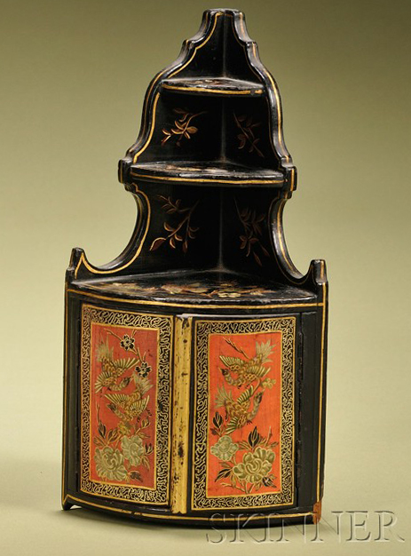 Appraisal: Miniature Japanned Corner Cabinet superstructure with open shelving over base