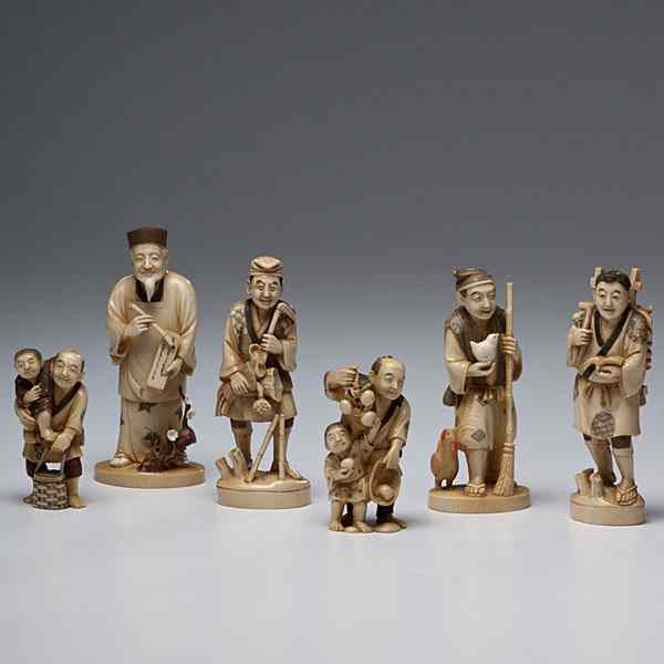 Appraisal: Carved and Inked Ivory Figures Japanese six carved and inked