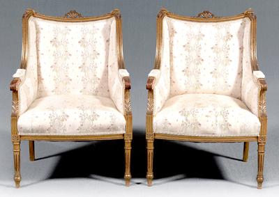 Appraisal: Pair Louis XVI style bergere each gilt wood with ribbon