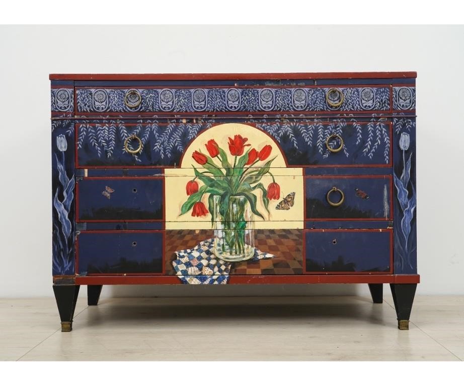 Appraisal: Baker furniture painted four-drawer chest decorated with tulips h x