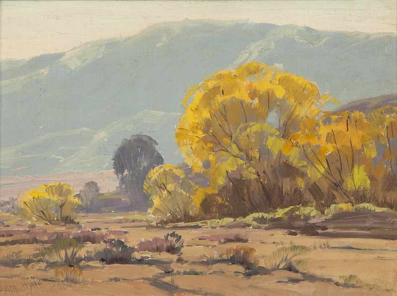 Appraisal: 'Newhall Country'' autumn trees in mountain landscape oil on artists