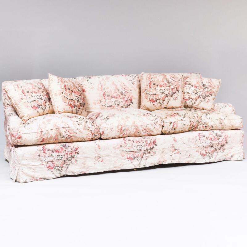 Appraisal: Floral Linen Slip Covered Three Seat Sofa x ft in