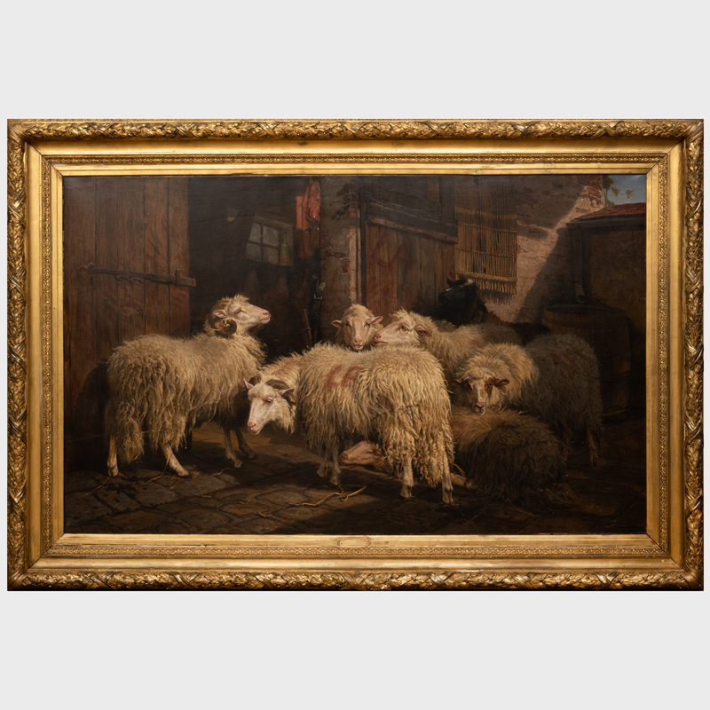 Appraisal: AUGUST SCHENK - SHEEP AND RAMS WAITING TO BE SHORN