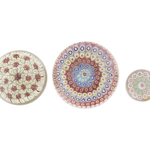 Appraisal: Three Concentric Millefiori Glass Paperweights th Century comprising a tall-domed