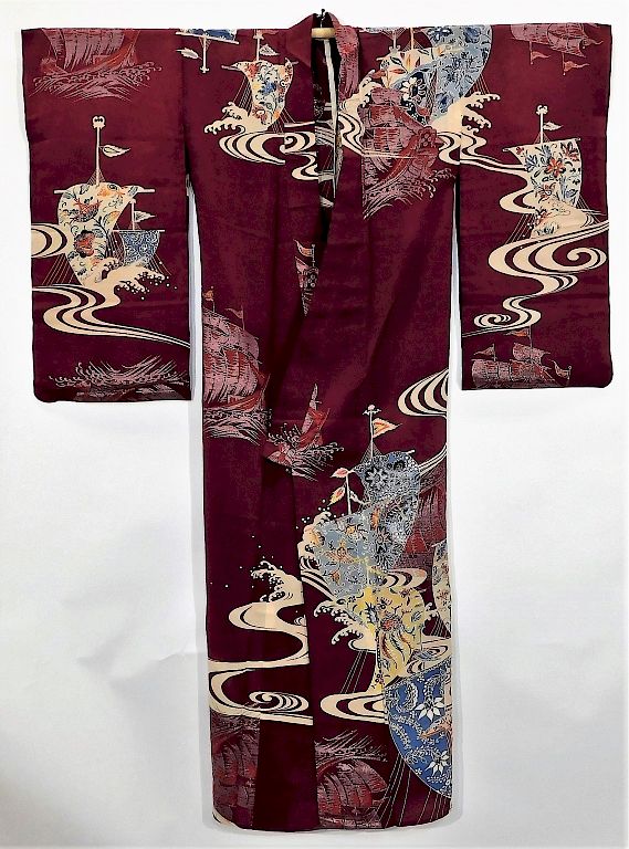 Appraisal: Meiji Period Boats and Flowers Furisode Kimono Japan Circa Hand