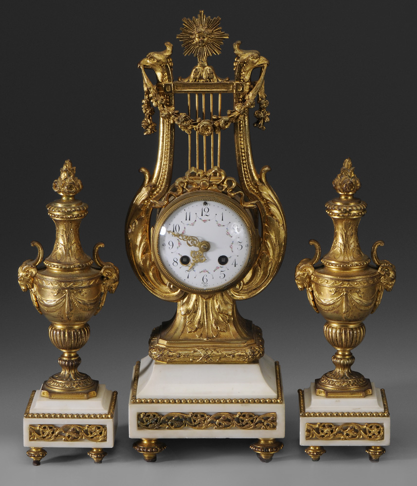 Appraisal: Empire Style Gilt Bronze Marble Clock and Garniture French late