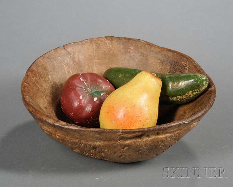 Appraisal: Hand-hewn Burl Bowl with Three Painted Plaster Fruit early th