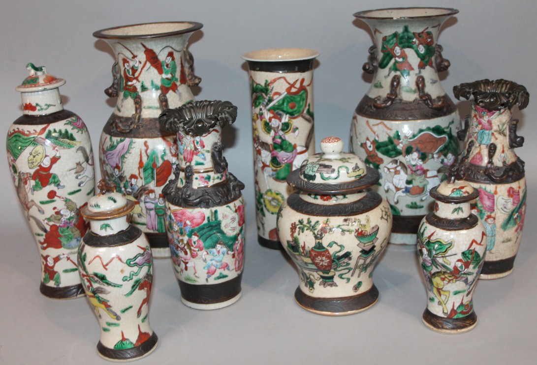 Appraisal: Nine various Cantonese pottery vases with upper and lower sgraffito