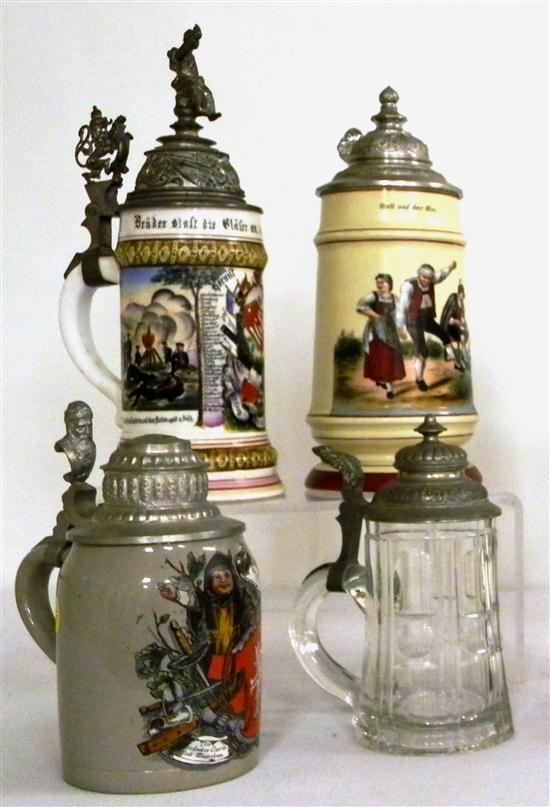 Appraisal: Four steins one clear glass two with lithophanes one with