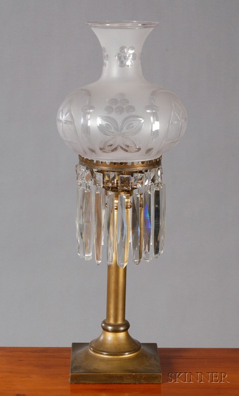 Appraisal: Classical Brass and Frosted Cut Glass Table Lamp America mid-