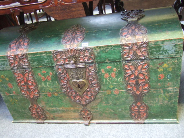 Appraisal: A th century green painted domed top trunk with pierced