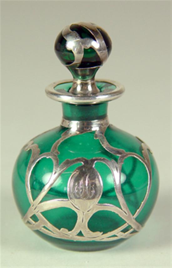 Appraisal: Sterling Silver Overlay Teal Perfume Bottle Teal colored glass perfume