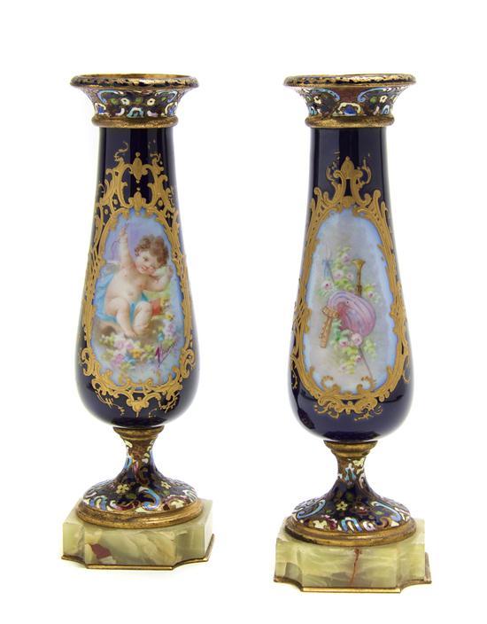 Appraisal: Pair of Sevres Style Porcelain Champleve and Onyx Bud Vases