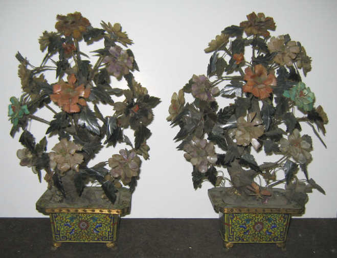 Appraisal: PAIR OF CHINESE JADE TREES Each with carved hard stone