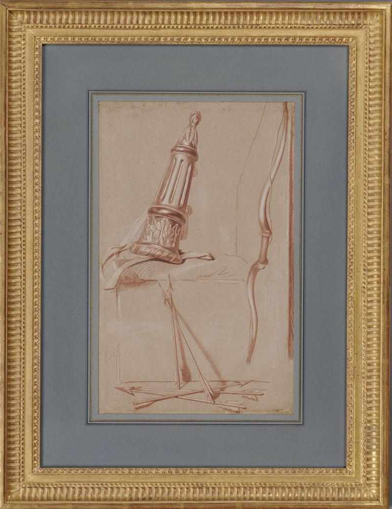 Appraisal: FRENCH SCHOOL QUIVER ARROWS AND BOW Red chalk on paper