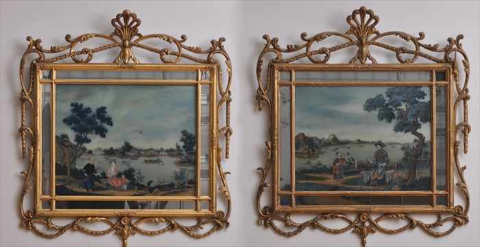 Appraisal: PAIR OF CHINESE EXPORT REVERSE PAINTINGS ON GLASS IN ADAM-STYLE