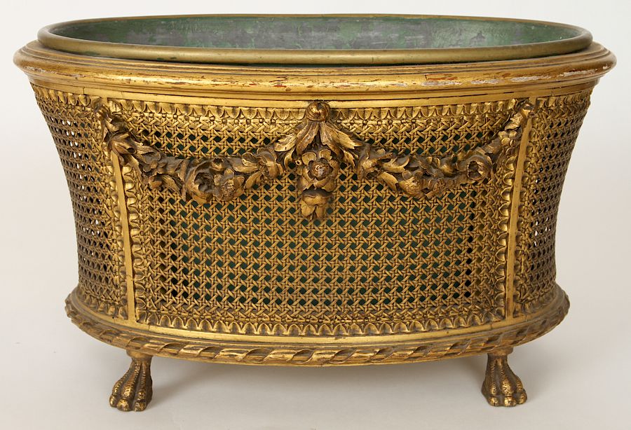 Appraisal: FRENCH LOUIS XV STYLE GILT WOOD CANE JARDINIERE A large