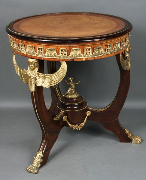 Appraisal: th Century inlaid Egyptian Revival-style table with applied ormolu decoration