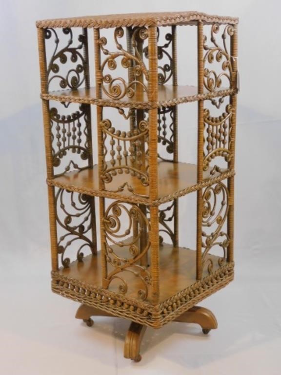 Appraisal: Rattan oak and iron Original natural finish tiers with decorative