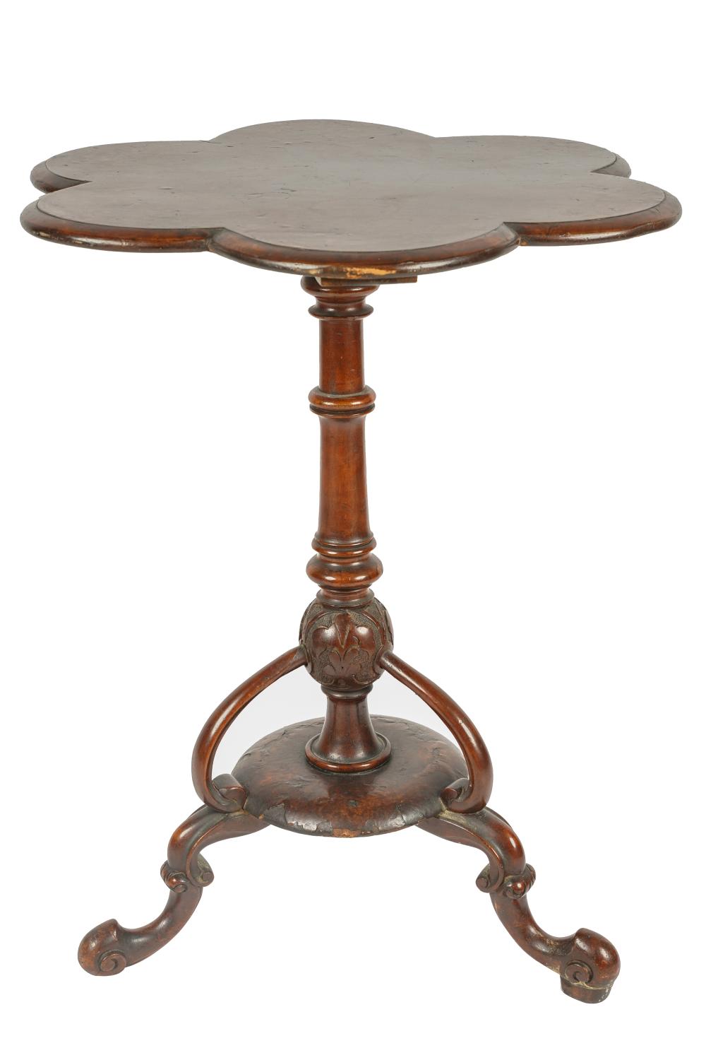 Appraisal: EDWARDIAN CARVED MAHOGANY TRIPOD TABLEwith lobed round top Condition scratches