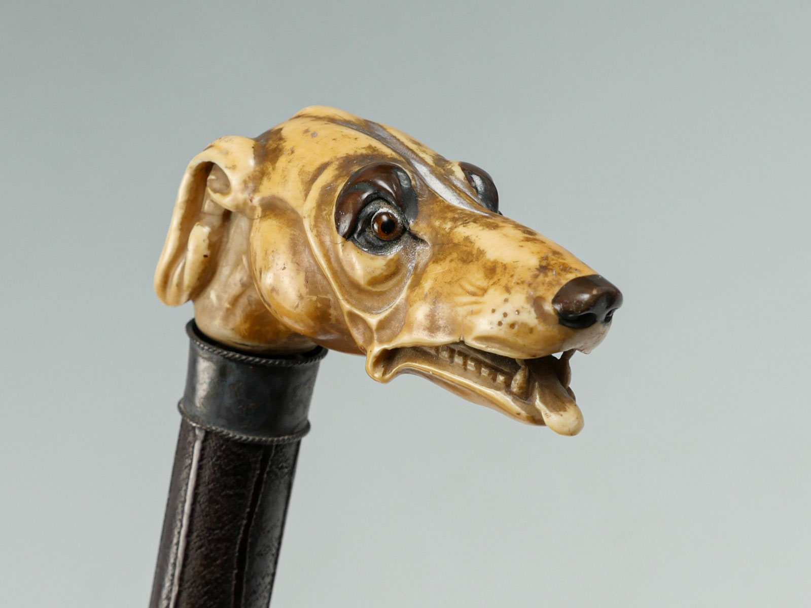 Appraisal: CARVED ENGLISH IVORY DOG CANE Early th century wooden cane