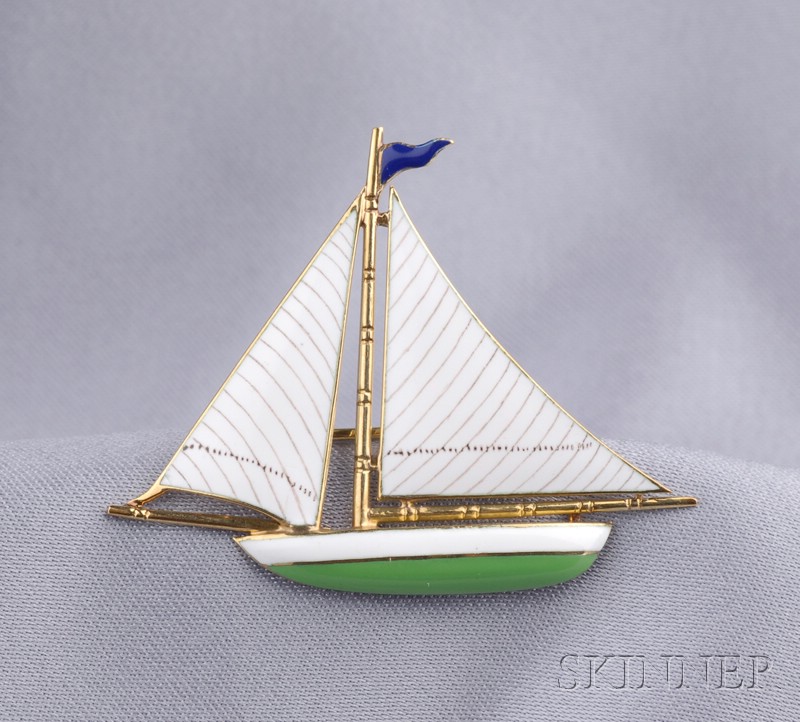 Appraisal: kt Gold and Enamel Sailboat Brooch Sloan Co the polychrome