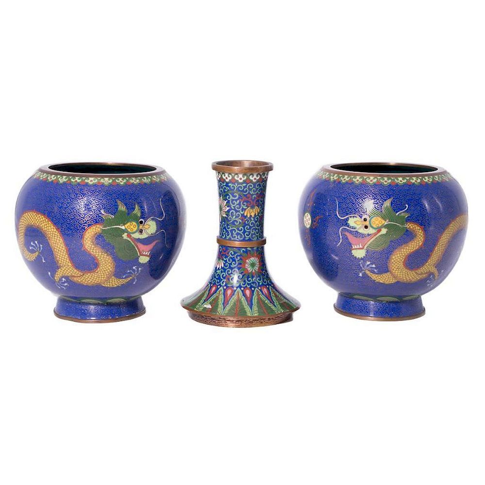 Appraisal: Pair of Cloisonne Pots and a Single Candle Holder Chinese