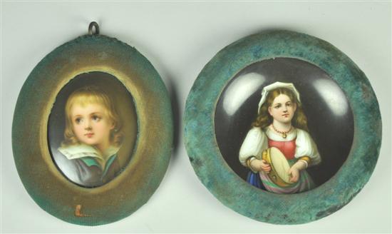 Appraisal: Two Miniatures on Porcelain Mid-to-late th Century Portrait of young