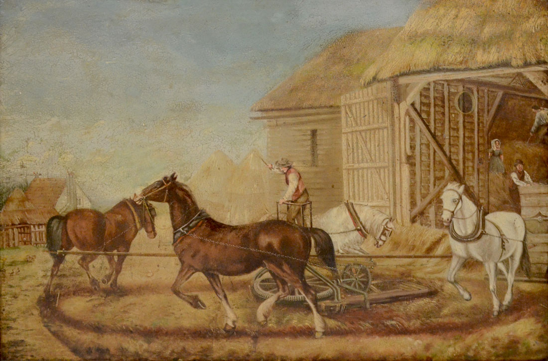 Appraisal: TH ENGLISH SCHOOL PAINTING THRESHING CORN Oil Board '' x