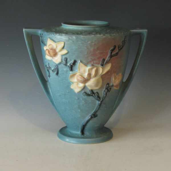 Appraisal: Roseville blue Magnolia vase with handles Marked Roseville USA -