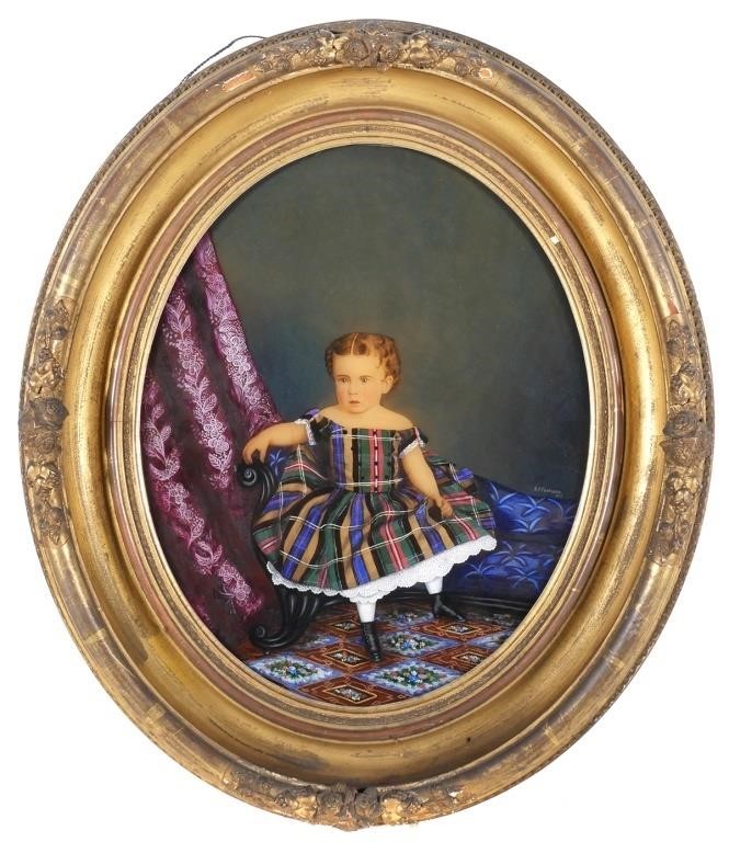 Appraisal: Round reverse painting on glass of a young girl with