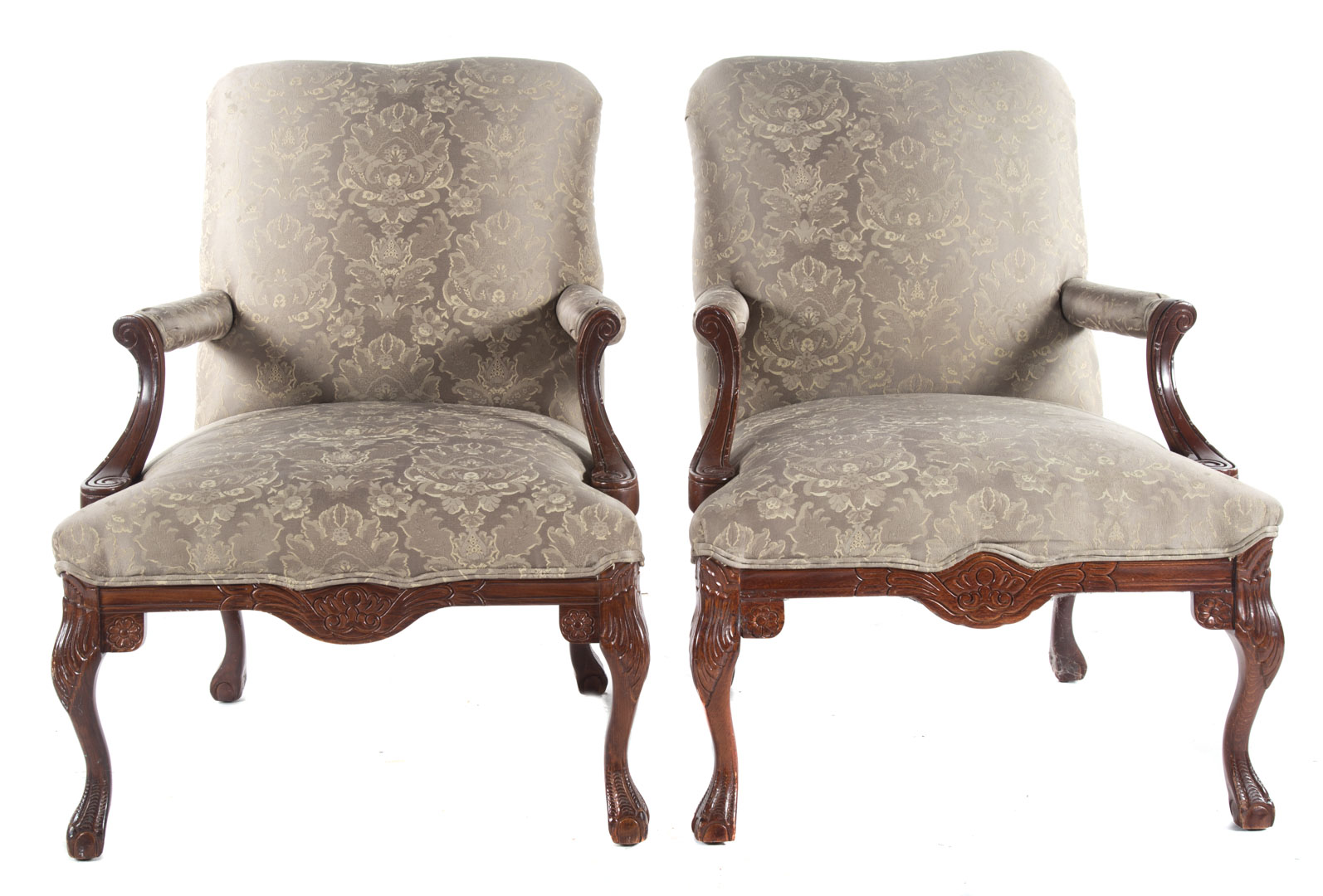 Appraisal: Pair of Chippendale style upholstered armchairs gray damask upholstered backs