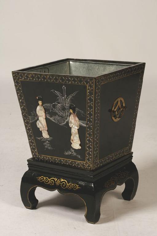 Appraisal: A CHINOISERIE BUCKET ON STAND the metal lined bucket with