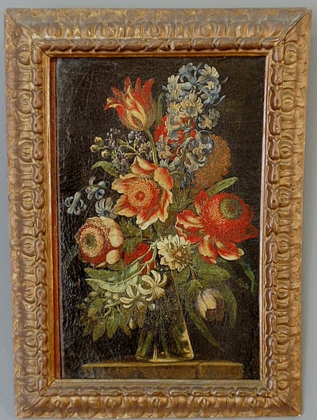 Appraisal: Oil on canvas still life of tulips hyacinths and other