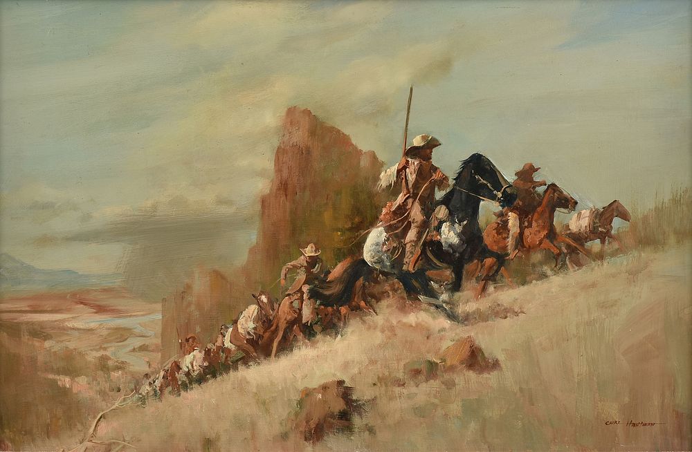 Appraisal: CARL HANTMAN American b A PAINTING Posse Riding Uphill with