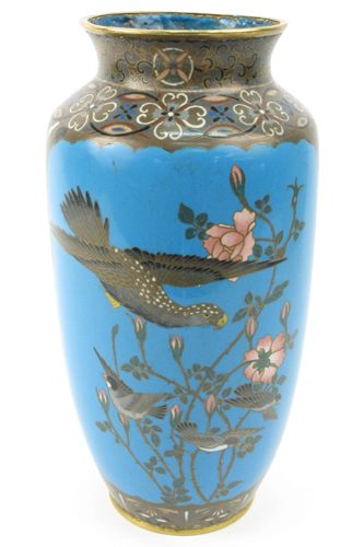 Appraisal: JAPANESE CLOISONNE ENAMEL VASE The classic blue field with raptor