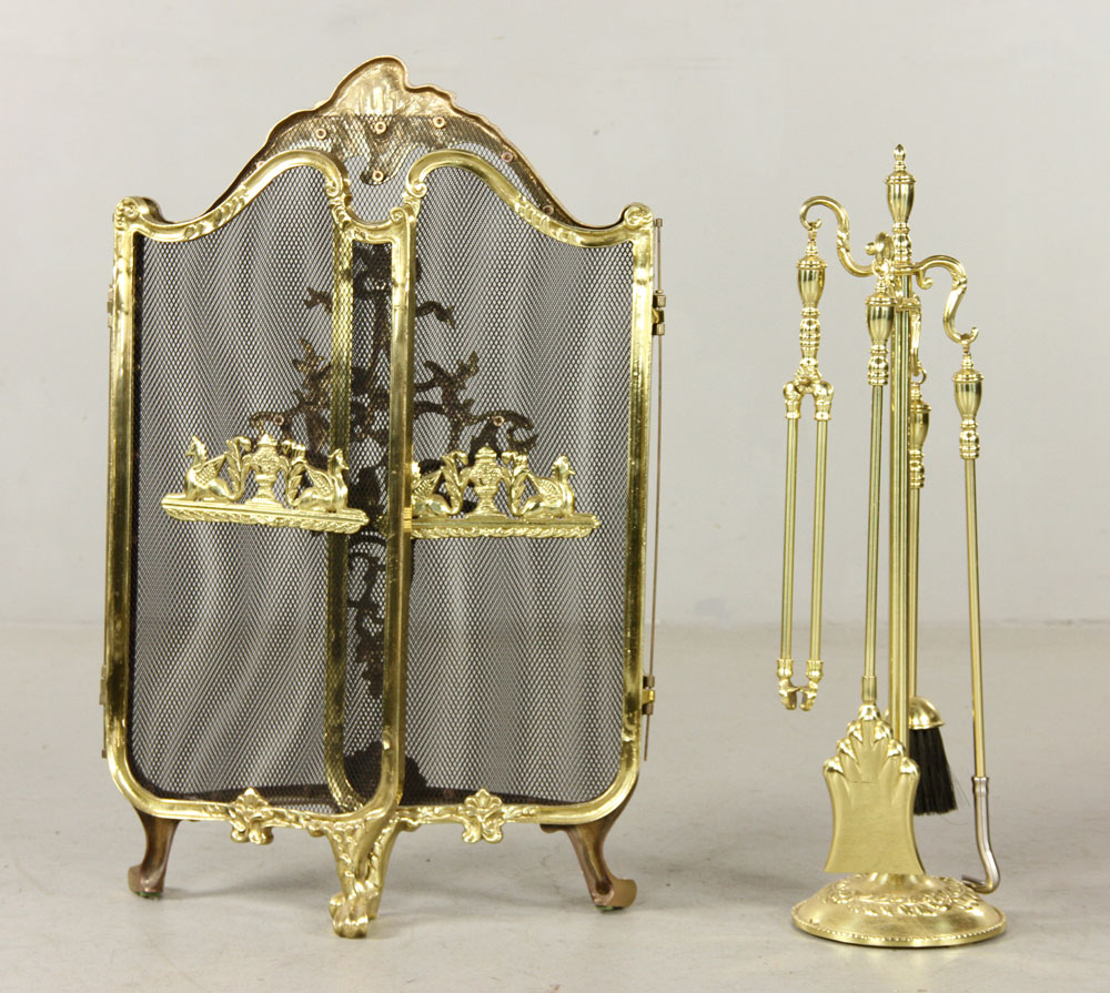 Appraisal: - Louis XV Brass Fire Fender and Tools French Louis