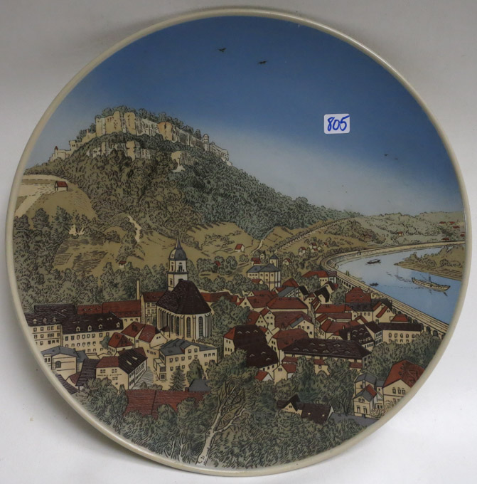 Appraisal: METTLACH ETCHED POTTERY PLAQUE Town Scene of Konigstein Mettlach trademark