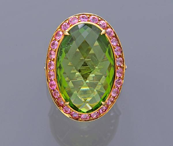 Appraisal: A peridot pink sapphire and diamond ring peridot weighing carats