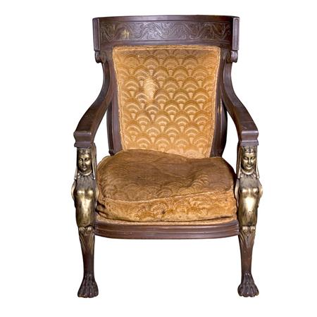 Appraisal: Empire Style Parcel Painted and Carved Mahogany Fauteuil Estimate -