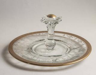 Appraisal: Etched Glass Hors d Oeuvres Dish Gold Rim with Central