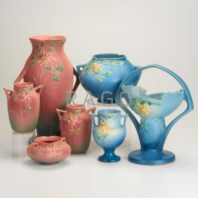 Appraisal: ROSEVILLE Pink and Blue Columbine seven pieces five vases low