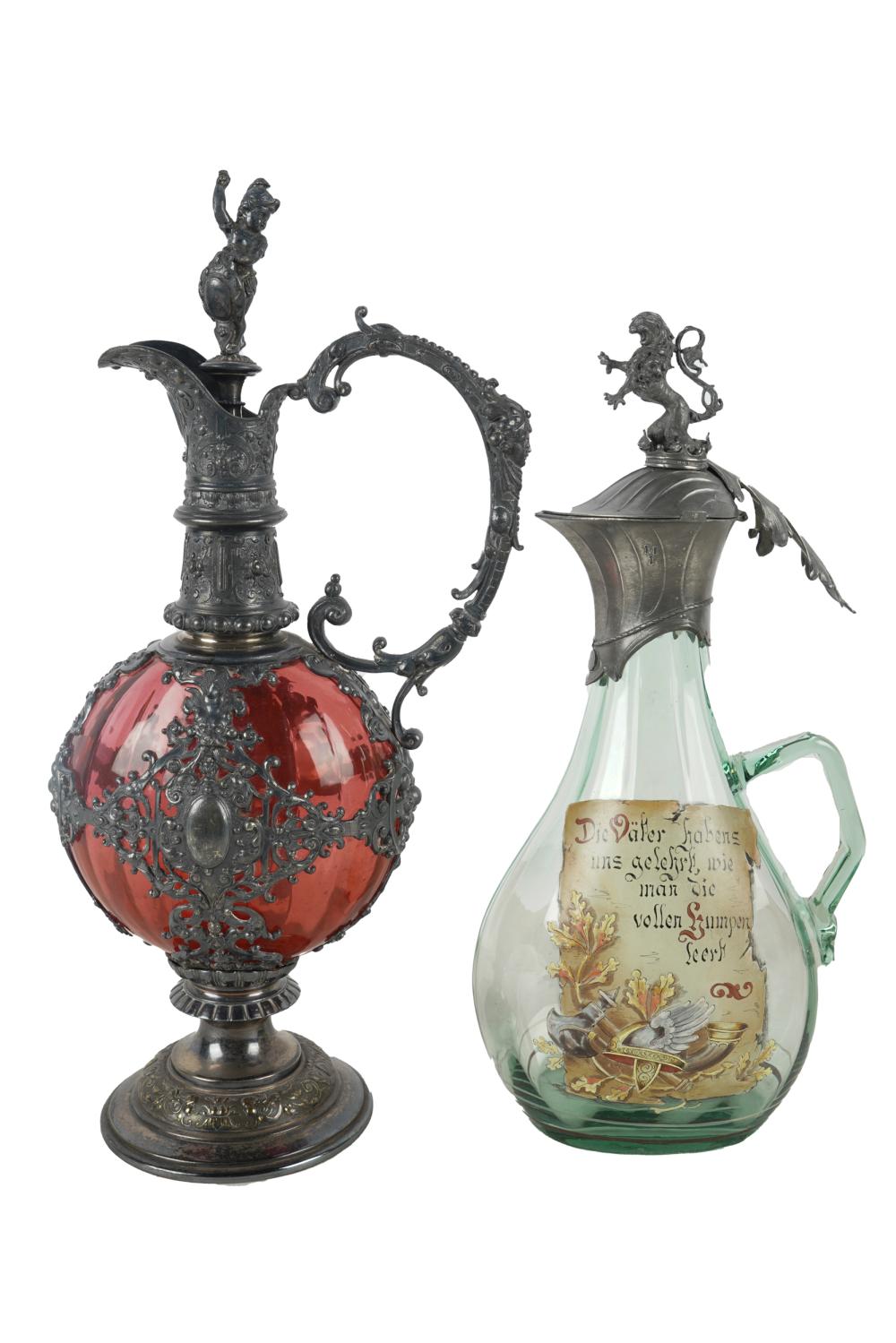 Appraisal: TWO METAL-MOUNTED COLORED GLASS EWERSeach unmarked the first red glass