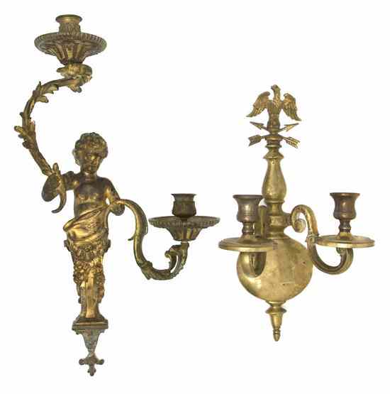 Appraisal: Two Cast Metal Two-Light Sconces comprising a figural example together